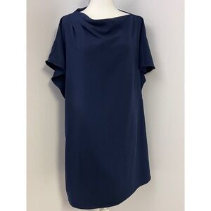 Trina Turk Womens Dress Size L Navy Blue Cowl Neck Short Flutter Sleeve Shift